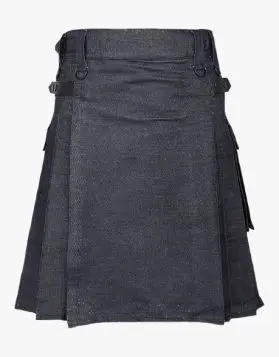 Active Men Black Denim Kilt with Fastening Straps- Front Image