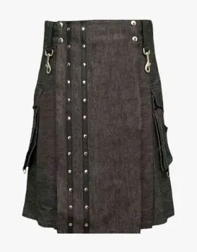 Black Denim Kilt with Leather Straps- Front Image