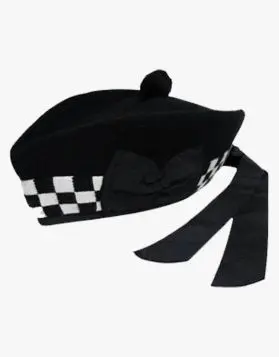 Black Glengarry Hat with Black and White Diced Band