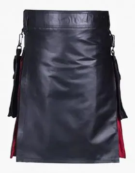 Gothic Black Leather Kilt with Silver Chains -Front Image