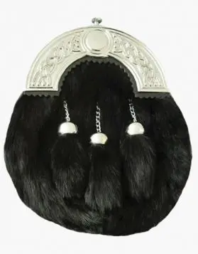 Black Rabbit Fur Full Dress Kilt Sporran with 3 Tassels- Front Image 