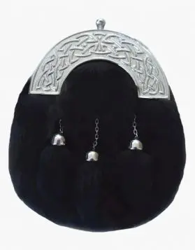 Black Rabbit Fur Kilt Sporran with 3 Tassels - Front Image