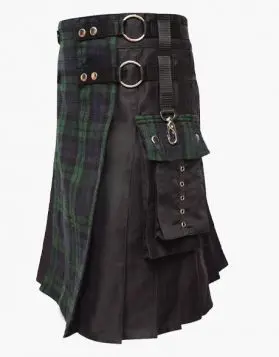 Black with Black Watch Tartan Hybrid Kilt - Side Image 