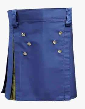 Blue and Olive Green Short Hybrid Kilt with Decorated Apron - Front Image