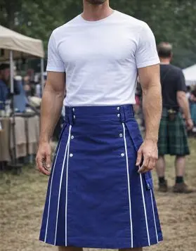 Blue Utility Kilt with White Piping- Front Image