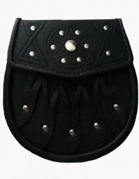Celtic Design Black Leather Sporran with S-Chain Kilt Belt- Front Image