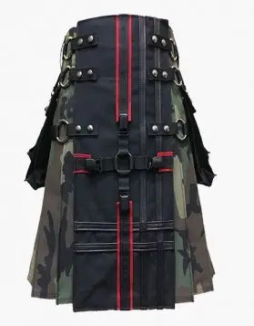 Fashion Black and Woodland Camo Tactical Kilt - Front Image 