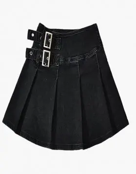 Female Black Denim Pleated Short Kilt 