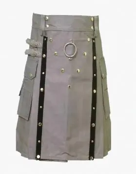  Gothic Grey Utility Kilt with Studded Apron - Front Image