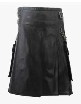 Handmade Black Leather Kilt with Detachable Pockets- Front Image