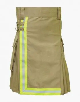 Khaki FireFighter Kilt with Yellow and Grey Reflector Tape- Front Image