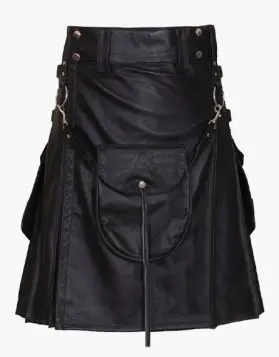 Men Pure Black Fashion Leather Kilt with front Pocket - Front Image