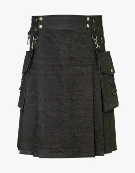 Men's Black Denim Kilt with Detachable Pockets- Front Image