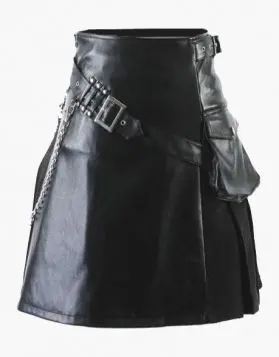 Mens Black Leather with Cotton Hybrid Kilt with Zip Closure - Front Image 