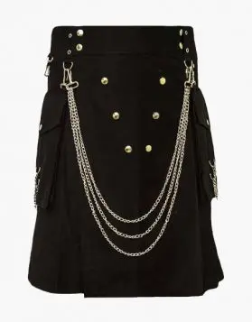  Men's Gothic Black Utility Kilt with Silver Chains- Front Image