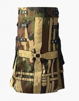 Modern Woodland Camo with Khaki Gothic Hybrid Kilt  - Front Image
