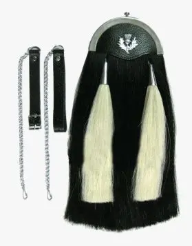 Real Black Horse Hair Kilt Sporran with Thistle Badge- Front Image