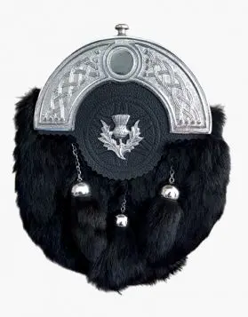 Scottish Handmade Black Fur Kilt Sporran - Front Image 