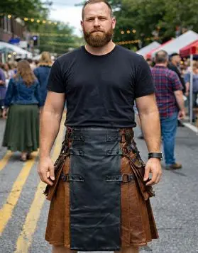 Scottish Brown and Black Leather Gothic Kilt - Front Image