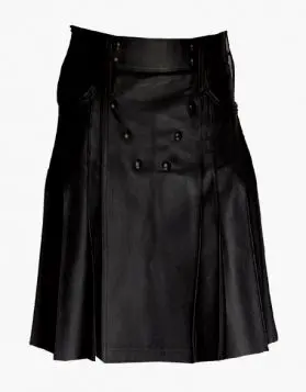 Stylish Black Leather Kilt with Multiple Pockets- Front Image 