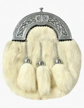 White Rabbit Fur Kilt Sporran with 3 Tassels- Front Image