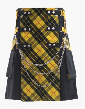 Black with MacLeod of Lewis Tartan Gothic Hybrid Kilt- Front Image