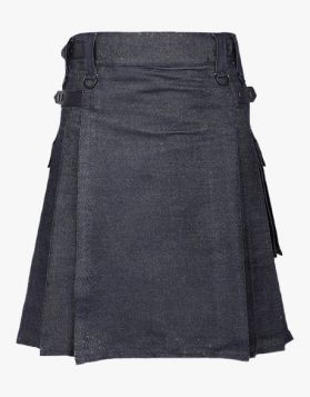 Active Men Black Denim Kilt with Fastening Straps- Front Image