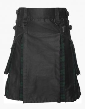 Black and Black Watch Tartan Hybrid Kilt with Leather Straps - Front Image