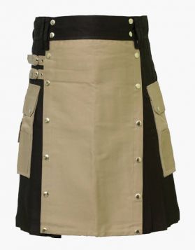 Black and Khaki Two-Tone Utility Kilt with Studded Apron- Front Image
