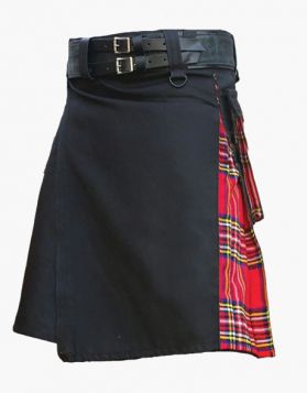Black and Royal Stewart Tartan Hybrid Kilt with Belt Loops