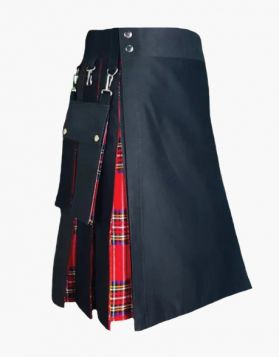 Black and Royal Stewart Hybrid Kilt with Detachable Pockets- Side Image