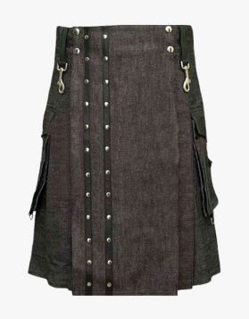 Black Denim Kilt with Leather Straps- Front Image