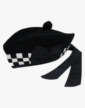 Black Glengarry Hat with Black and White Diced Band