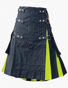 Men Black Fashion with Fluorescent Green Hybrid Kilt - Front Image 