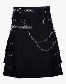 Black Gothic Kilt with Chains and Detachable Pockets- Front Image