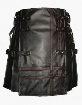 Black Gothic Leather Kilt with Detachable Apron - Front Image 