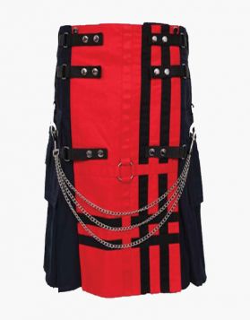   Black Gothic Utility Kilt with Detachable Red Apron - Front Image 