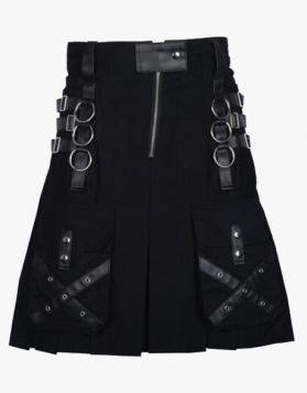 Black Gothic Utility Kilt with Zip Closure - Front Image 