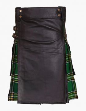  Black Leather Hybrid Kilt with Irish Green Pleats - Front Image 