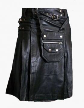 Black Leather Kilt with Detachable Pocket - Front Image