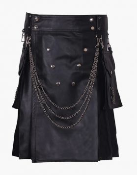Black Leather Kilt with Silver Chains