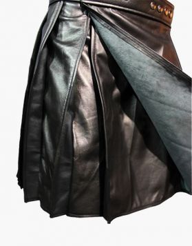 Black Leather Kilt with Snap Buttons - Side Image