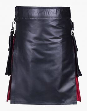Gothic Black Leather Kilt with Silver Chains -Front Image