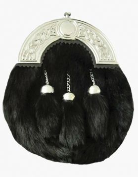 Black Rabbit Fur Full Dress Kilt Sporran with 3 Tassels- Front Image 