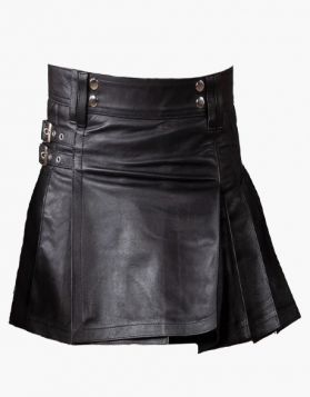 Black Short Leather Kilt with Pleats - Front Image