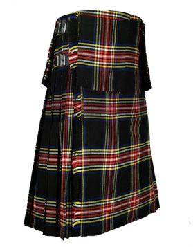  Black Stewart Tartan Utility Kilt with Front Pockets 