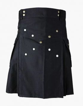 Black Utility Kilt with Cross Studded Apron- Front Image
