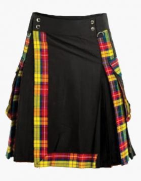 Black with Buchanan Tartan Pleats Hybrid Kilt - Front Image