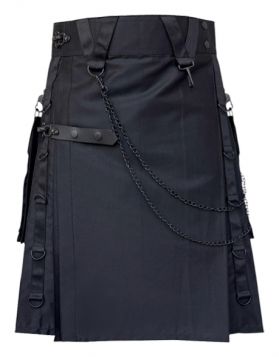 All-Black Gothic Utility Kilt with Chains and Pockets