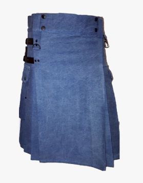 Blue Denim Kilt with Leather Straps - Front Image